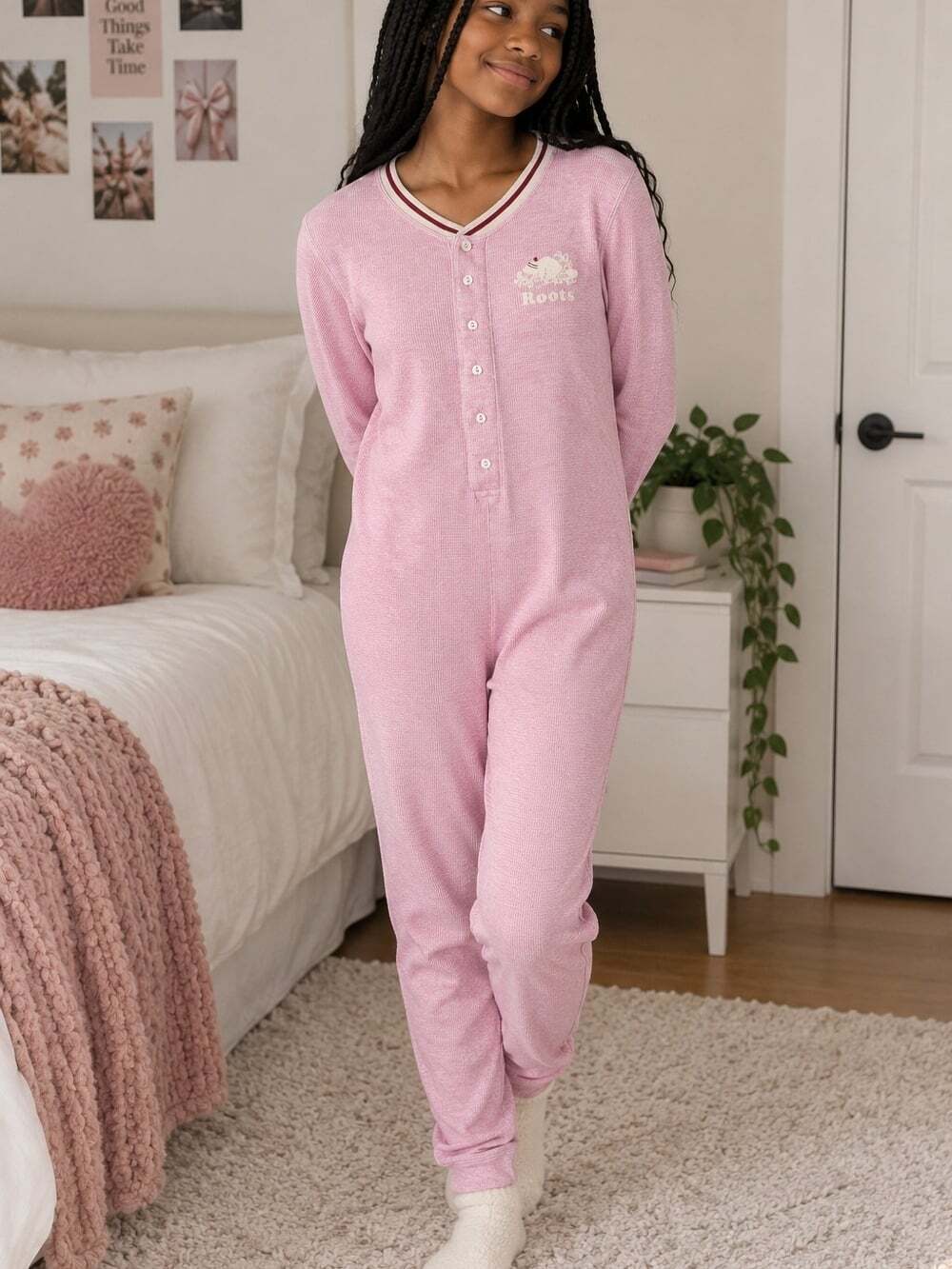 Roots Kids Pink Waffle Thermal Union Suit One Piece Pajamas XL 13-14Y Canada